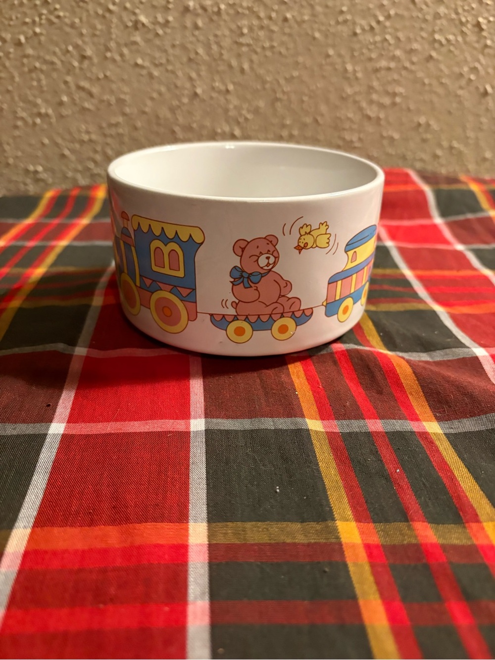 Vintage Kids Ceramic Bowl with Teddy Train Design - White